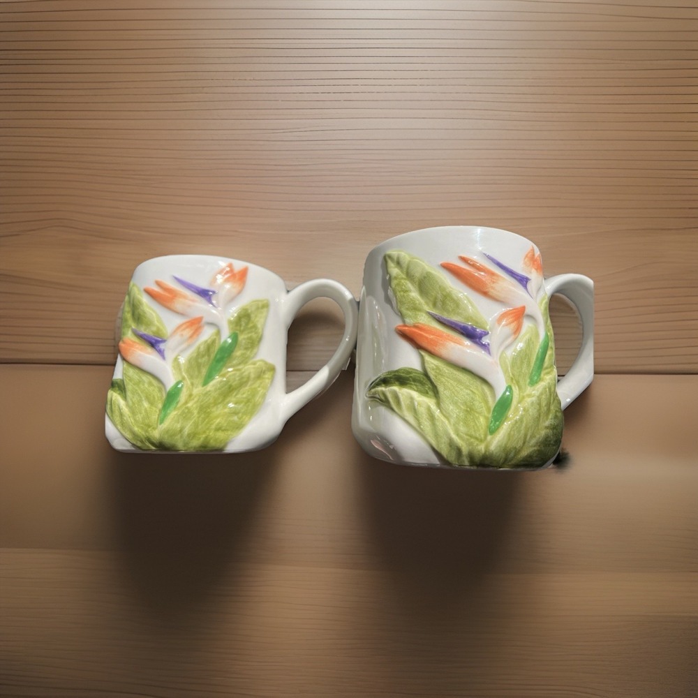 Vintage Otagiri Japan Mugs Birds of Paradise Tiki Coastal Cottage Tropical